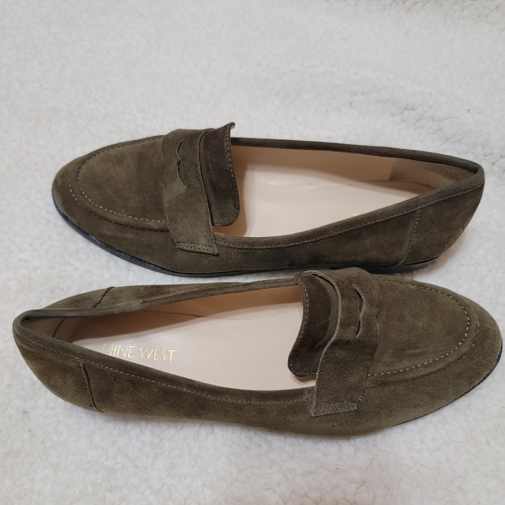 Nine West Suede Olive Green Loafers Size US 9.5